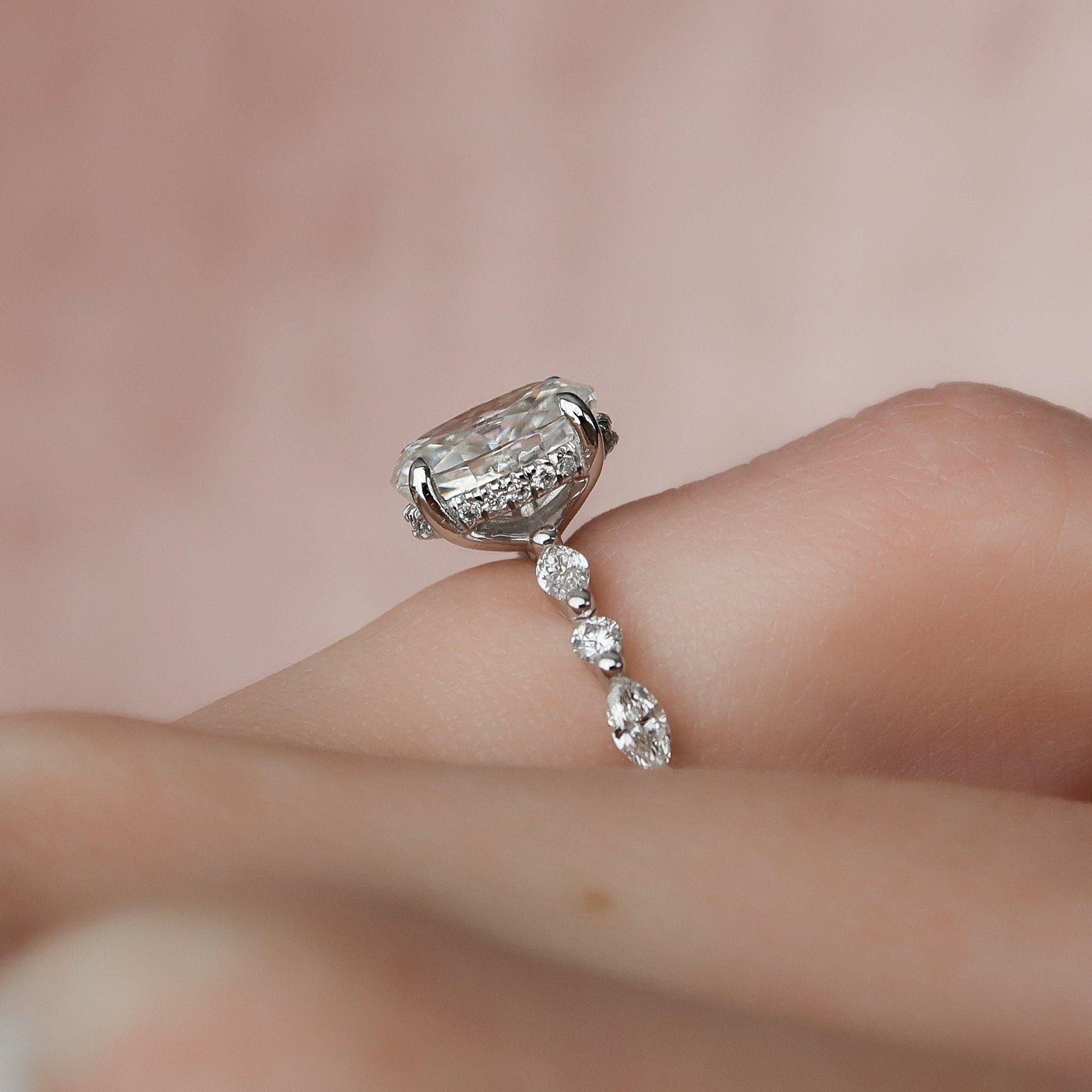 1.5 CT Oval Hidden Halo & Dainty Pave Moissanite Engagement Ring