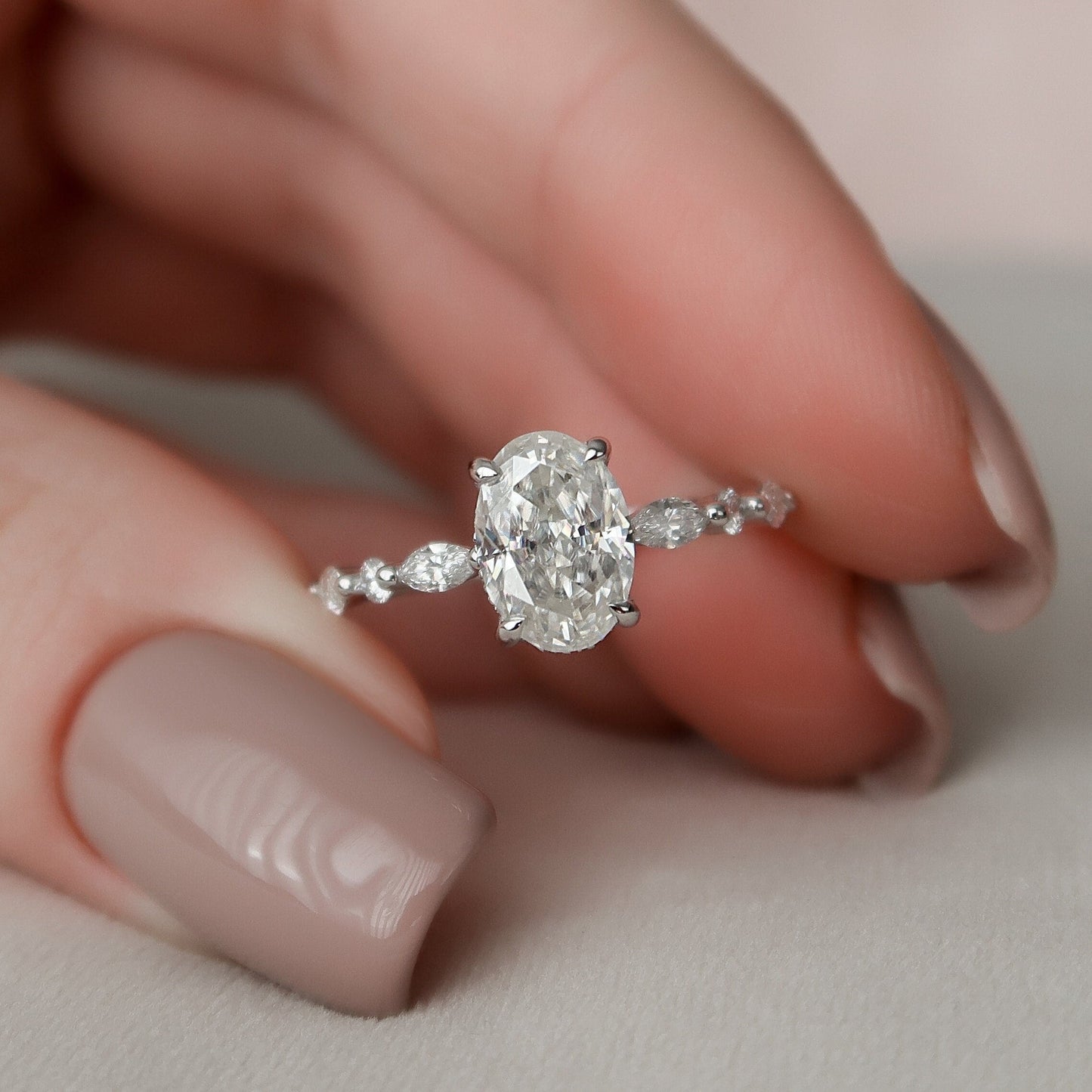 1.5 CT Oval Hidden Halo & Dainty Pave Moissanite Engagement Ring