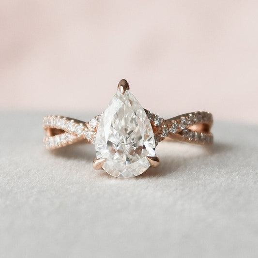 1 CT Pear Hidden Halo & Criss Cross Pave Moissanite Engagement Ring