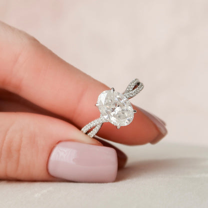 3 CT Oval Hidden Halo & Criss Cross Pave Moissanite Engagement Ring