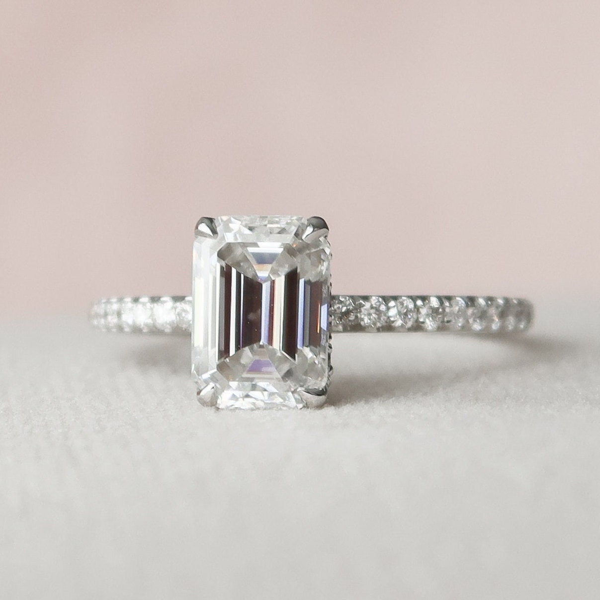 1.5 CT Emerald Hidden Halo & Pave Moissanite Engagement Ring