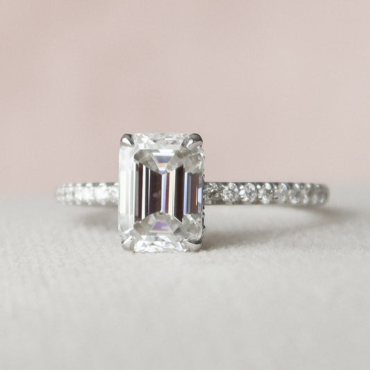 1.5 CT Emerald Hidden Halo & Pave Moissanite Engagement Ring