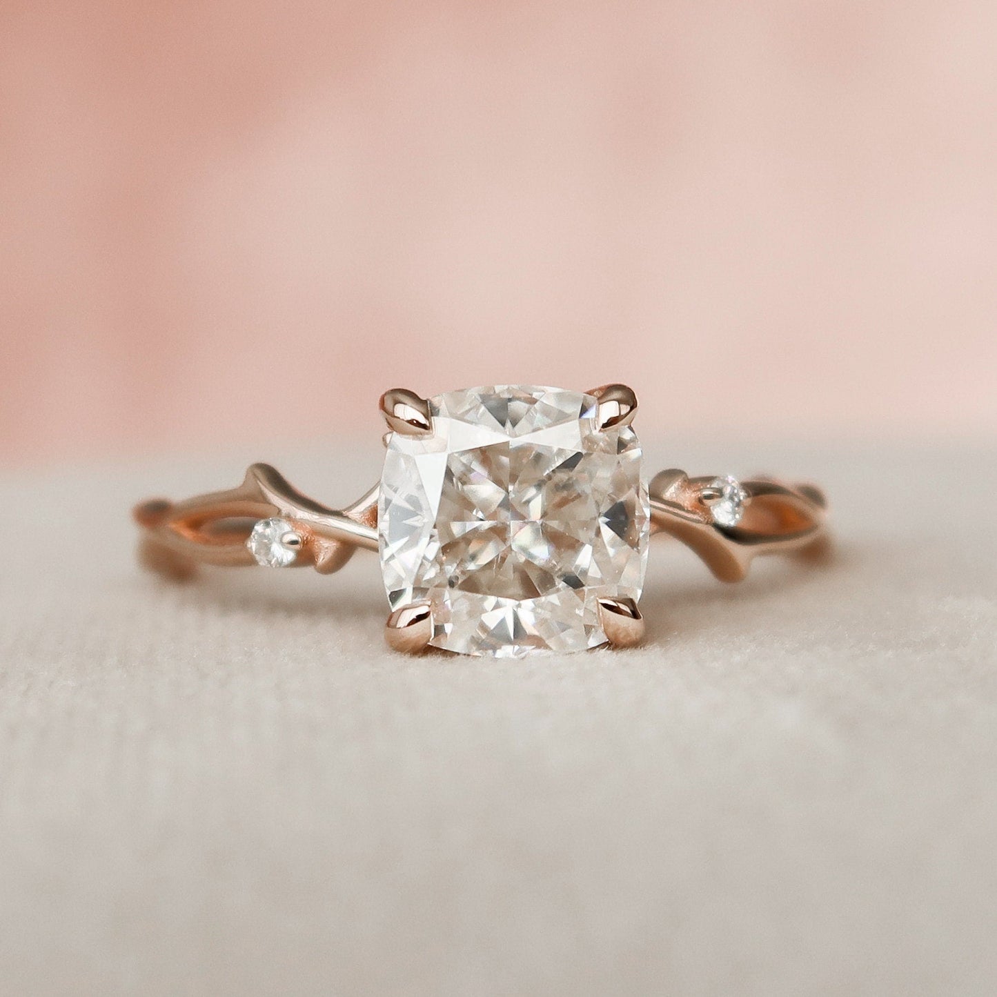 2 CT Cushion Twig Pave Moissanite Engagement Ring