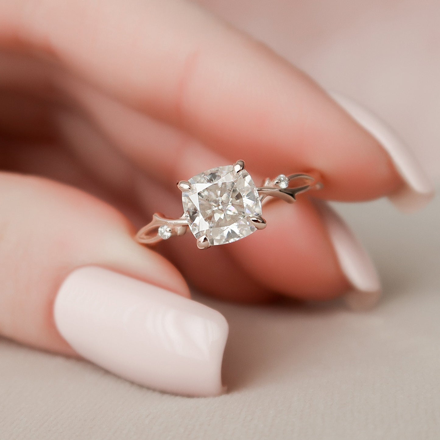 2 CT Cushion Twig Pave Moissanite Engagement Ring