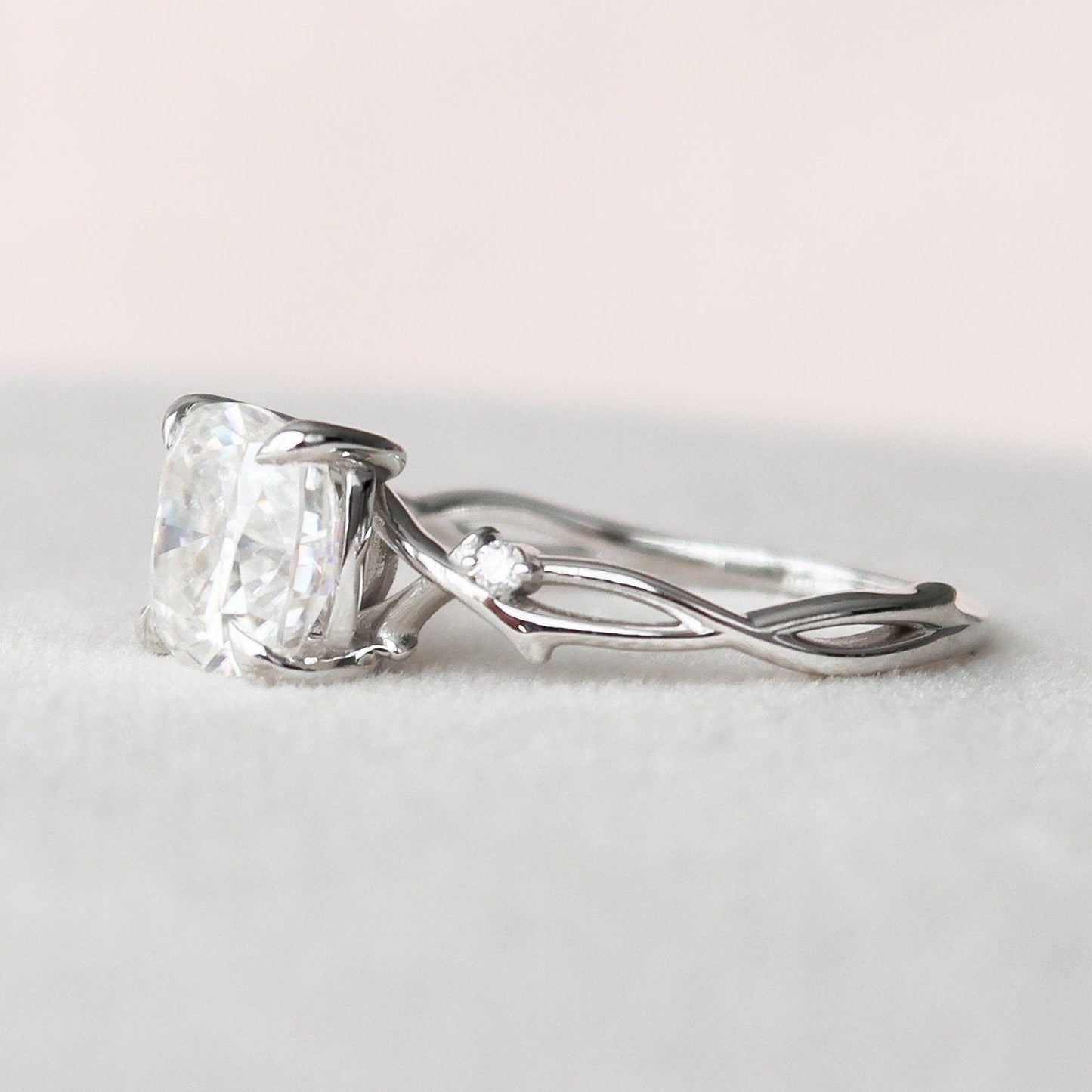 2 CT Cushion Twig Pave Moissanite Engagement Ring