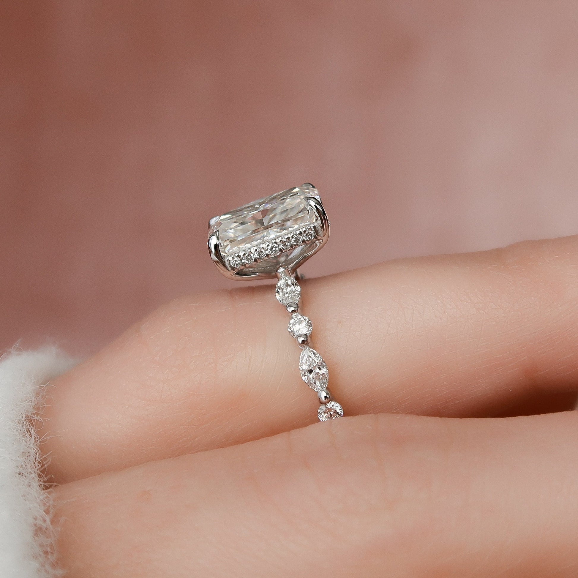 3.5 CT Radiant Hidden Halo & Dainty Pave Moissanite Engagement Ring