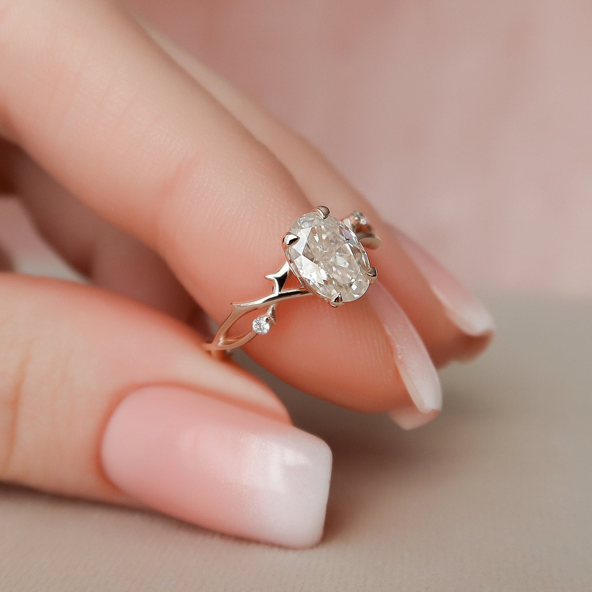 1 CT Oval Twig Pave Moissanite Engagement Ring