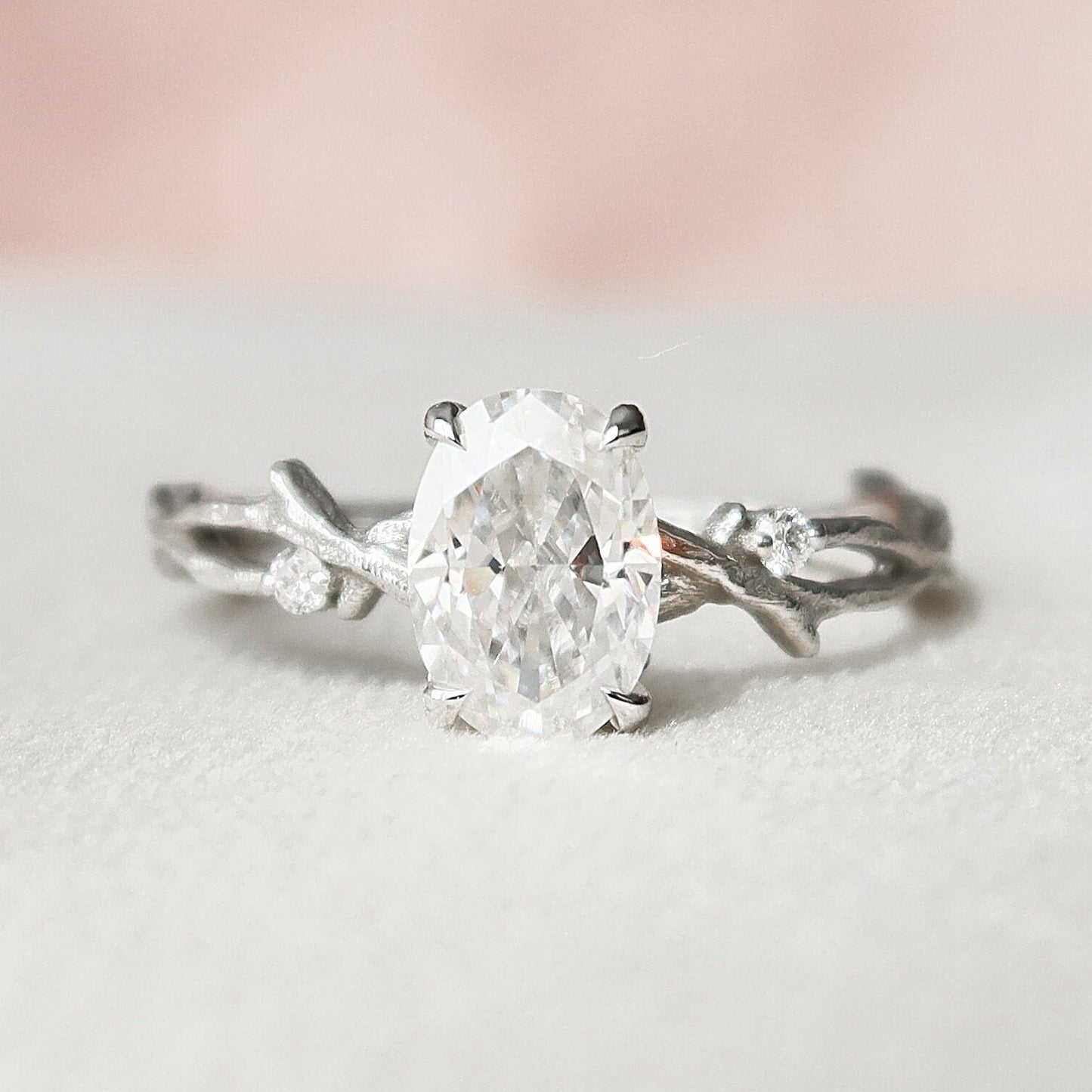 1 CT Oval Twig Pave Moissanite Engagement Ring