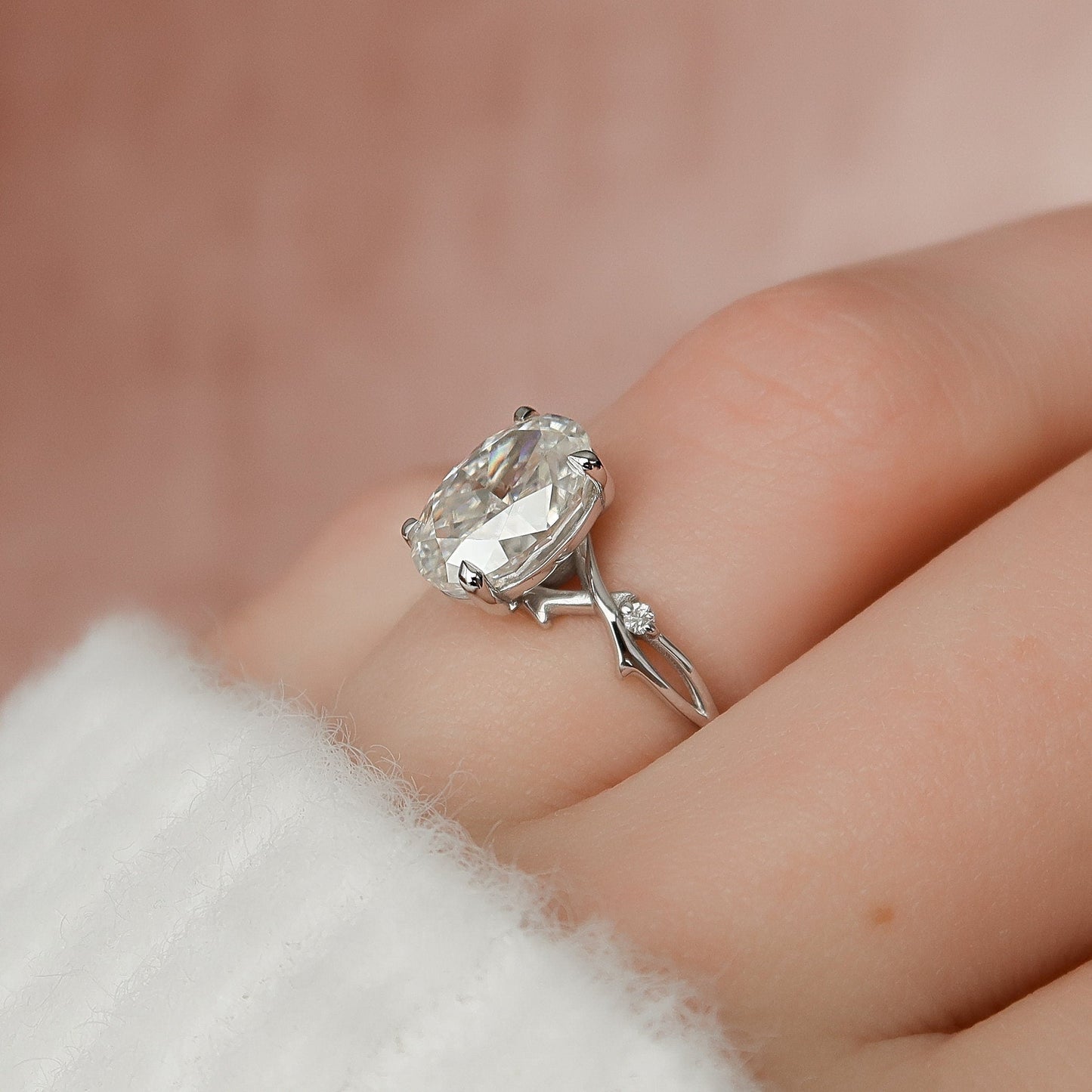 2 CT Oval Twig Pave Moissanite Engagement Ring