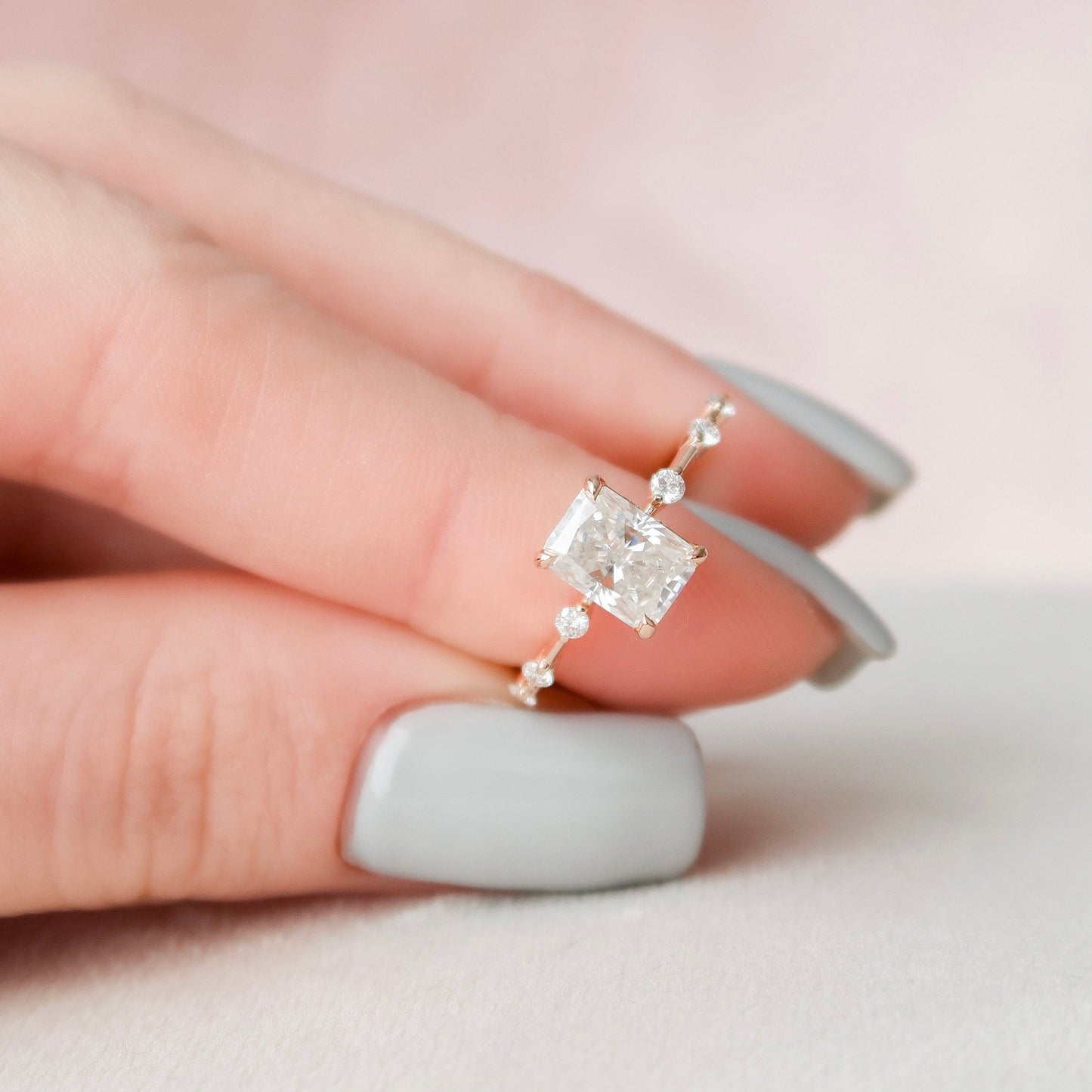 1.5 CT Radiant Dainty Pave Moissanite Engagement Ring