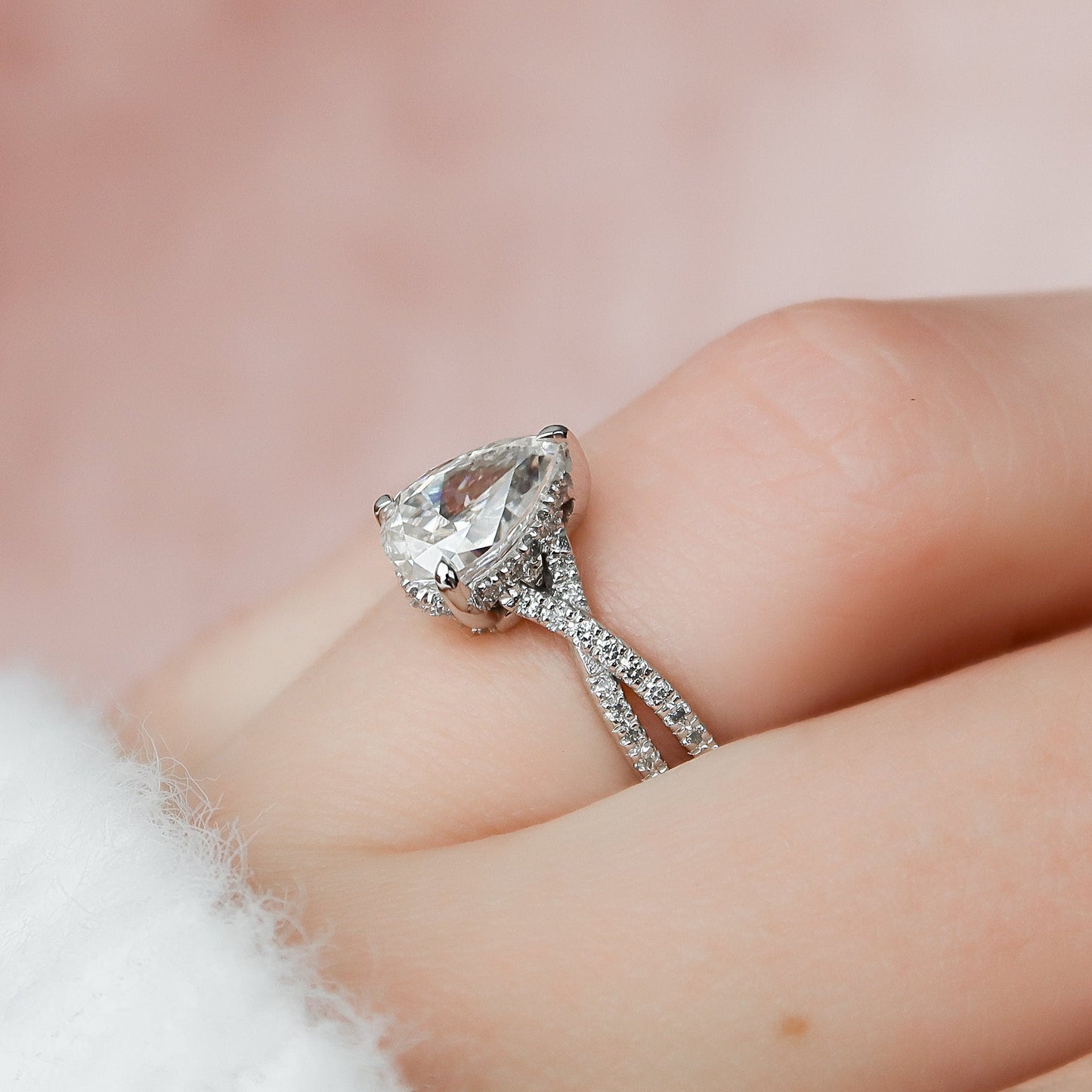 1 CT Pear Hidden Halo & Criss Cross Pave Moissanite Engagement Ring