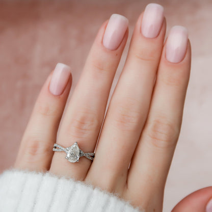 1 CT Pear Hidden Halo & Criss Cross Pave Moissanite Engagement Ring