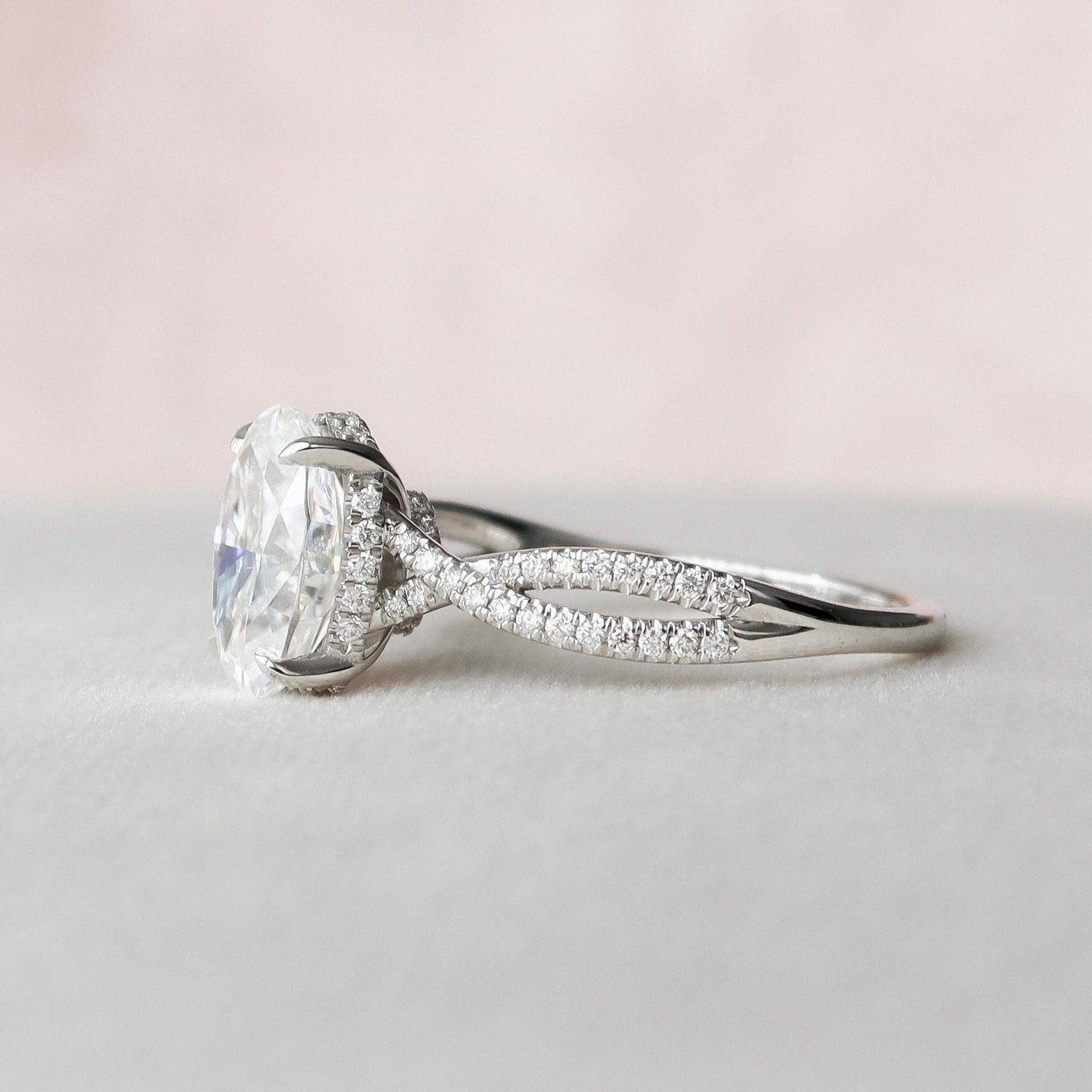 3 CT Oval Hidden Halo & Criss Cross Pave Moissanite Engagement Ring