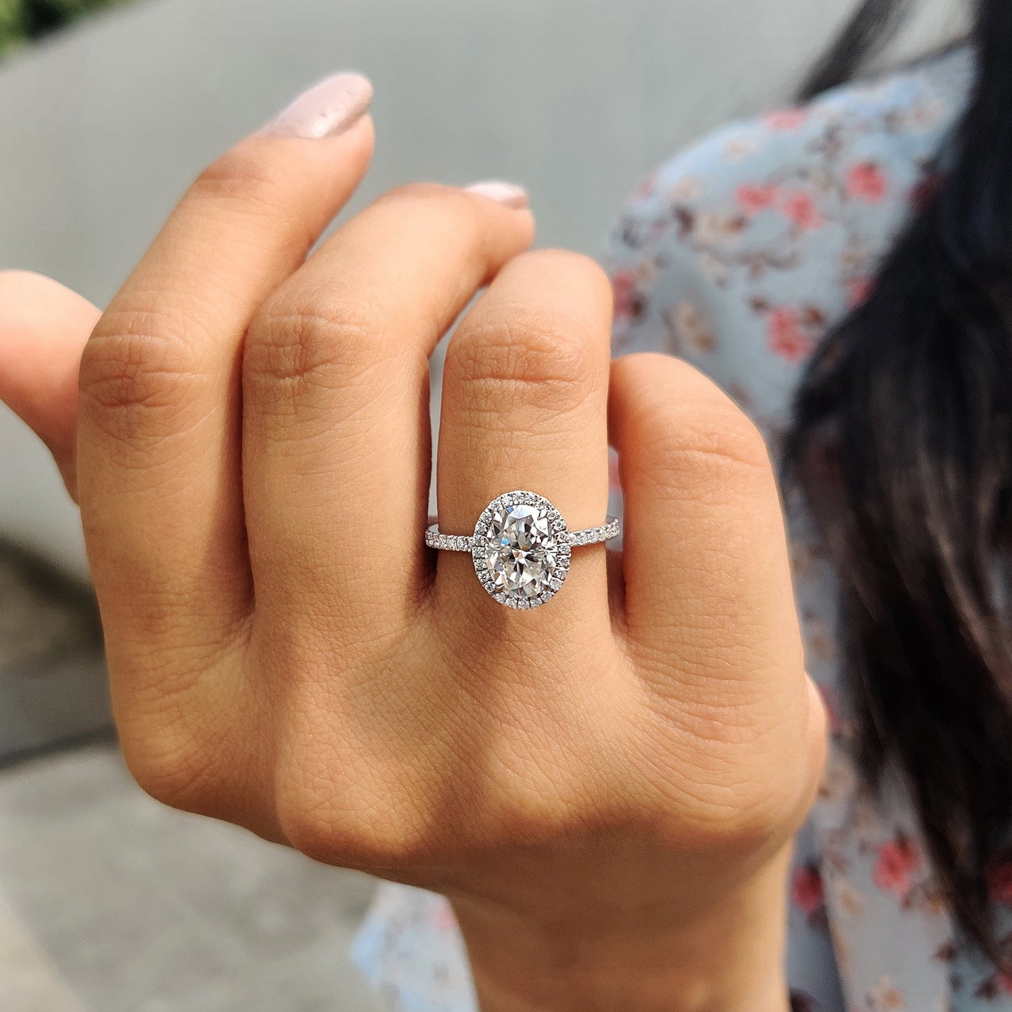 1 CT Oval Halo & Pave Moissanite Engagement Ring