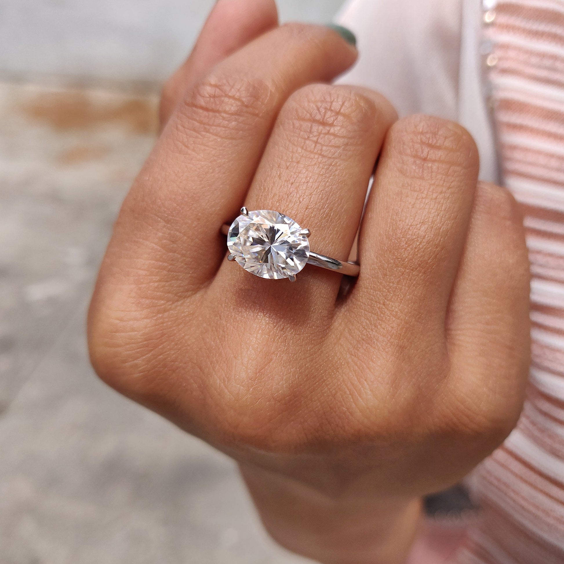 2CT East West Oval Solitaire Moissanite Engagement Ring