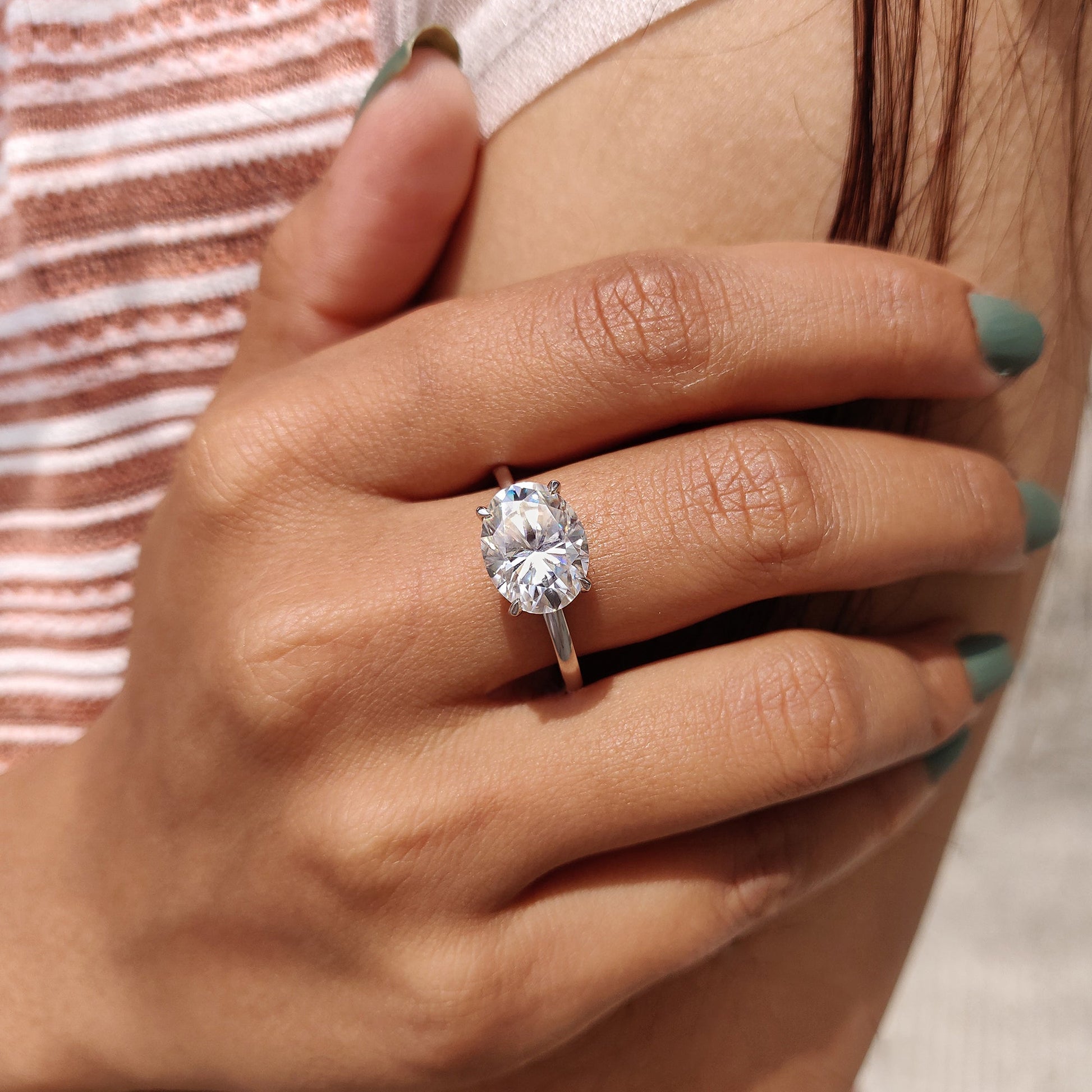 2CT East West Oval Solitaire Moissanite Engagement Ring
