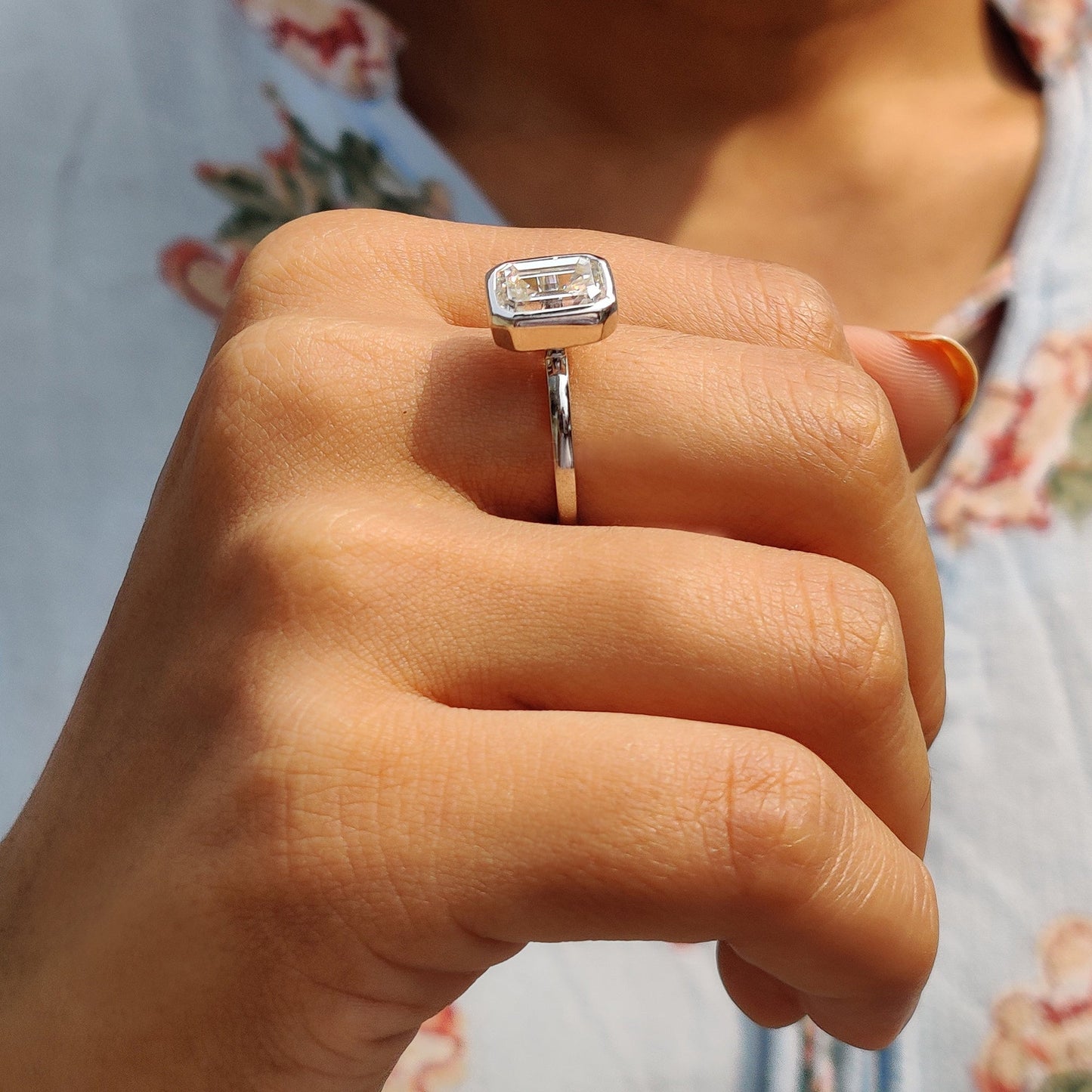 2 CT Emerald Bezel Moissanite Engagement Ring