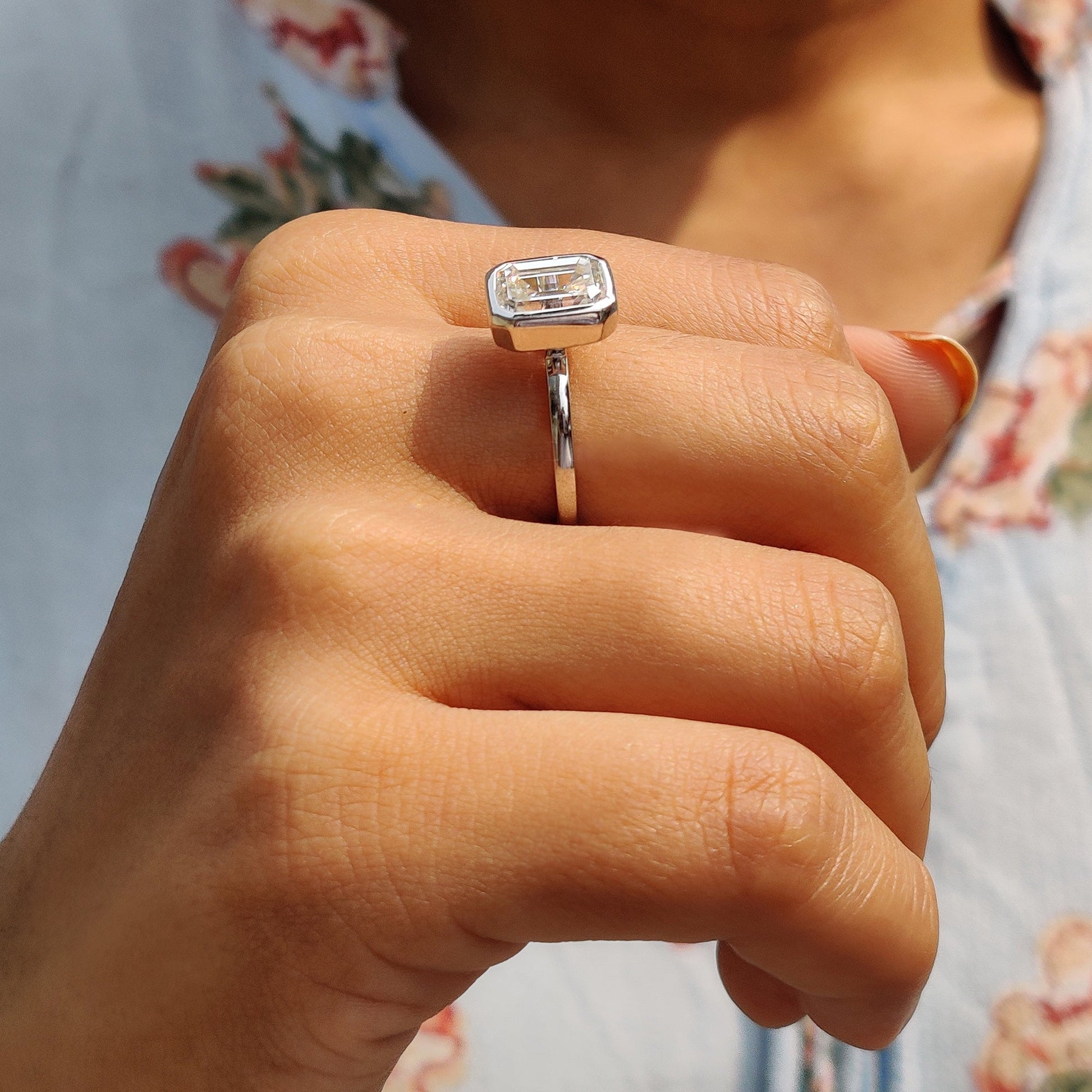 2 CT Emerald Bezel Moissanite Engagement Ring