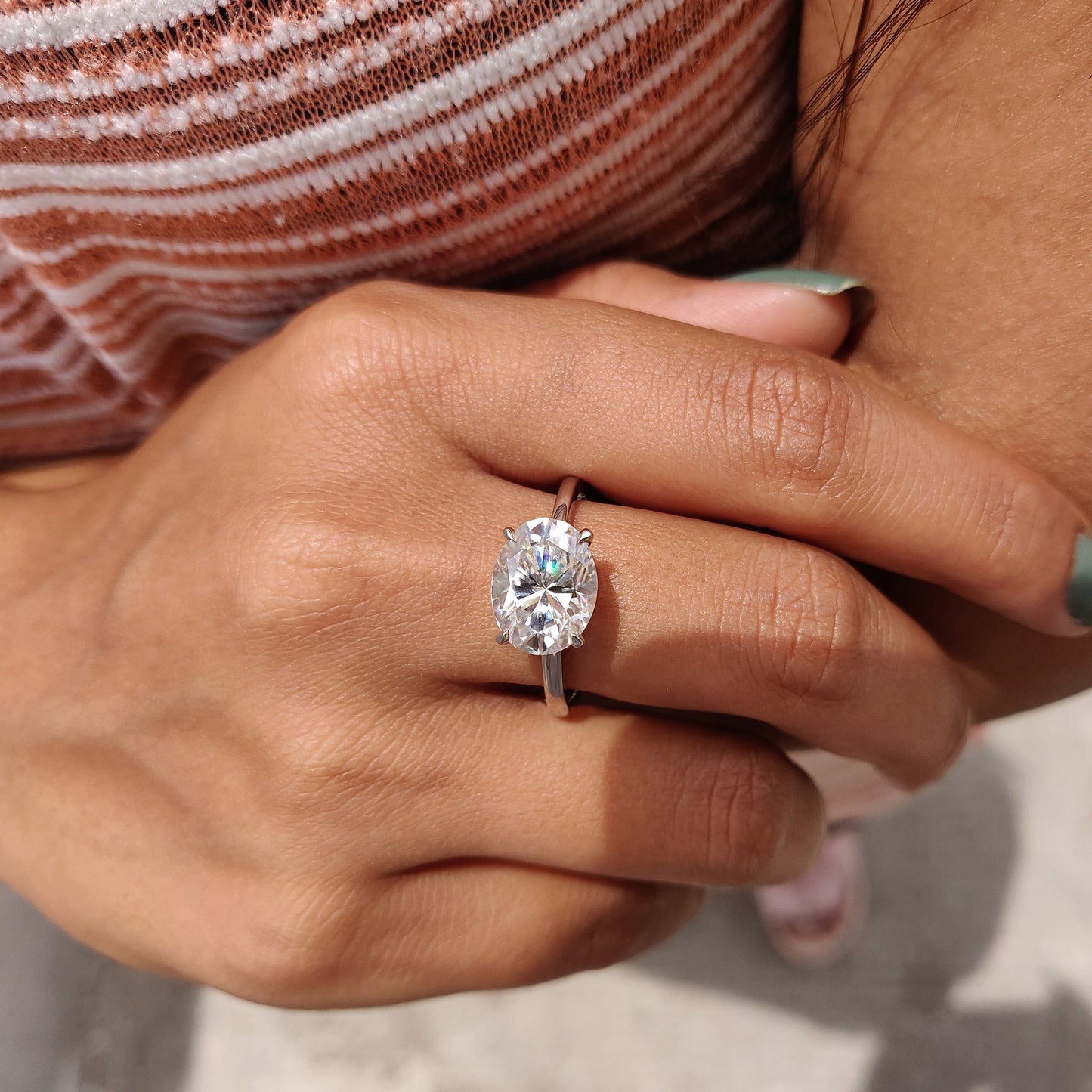 2CT East West Oval Solitaire Moissanite Engagement Ring