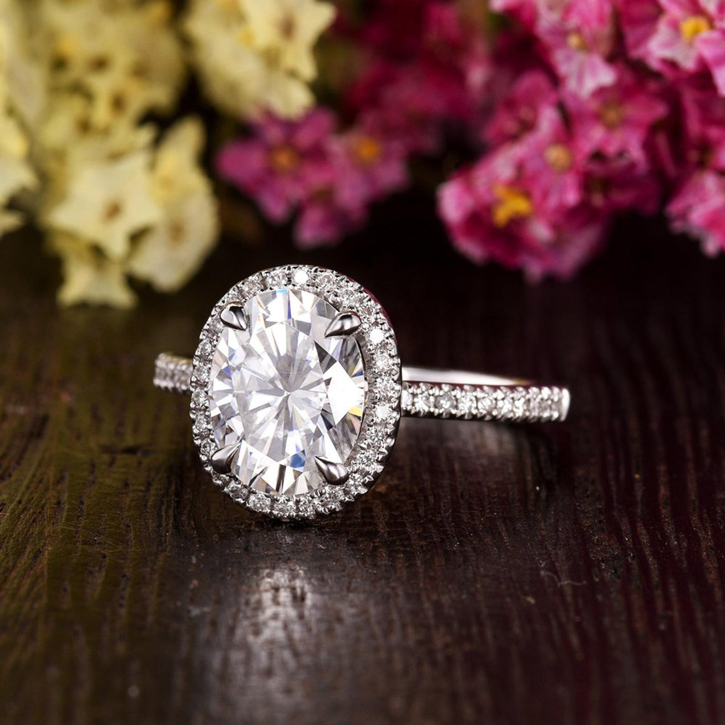 1.32 CT Oval Halo & Pave Moissanite Engagement Ring