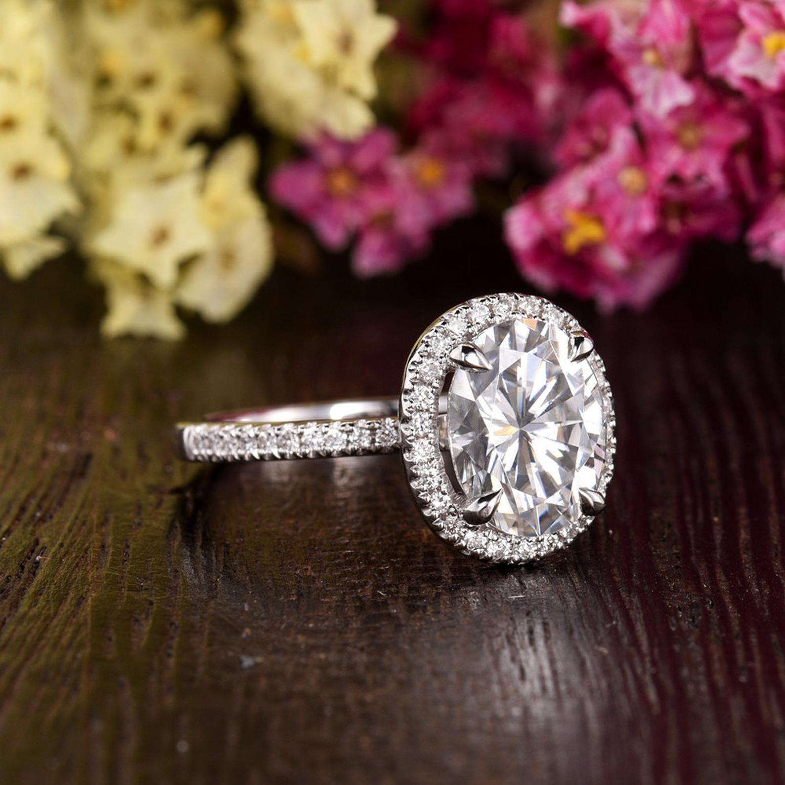 1.32 CT Oval Halo & Pave Moissanite Engagement Ring