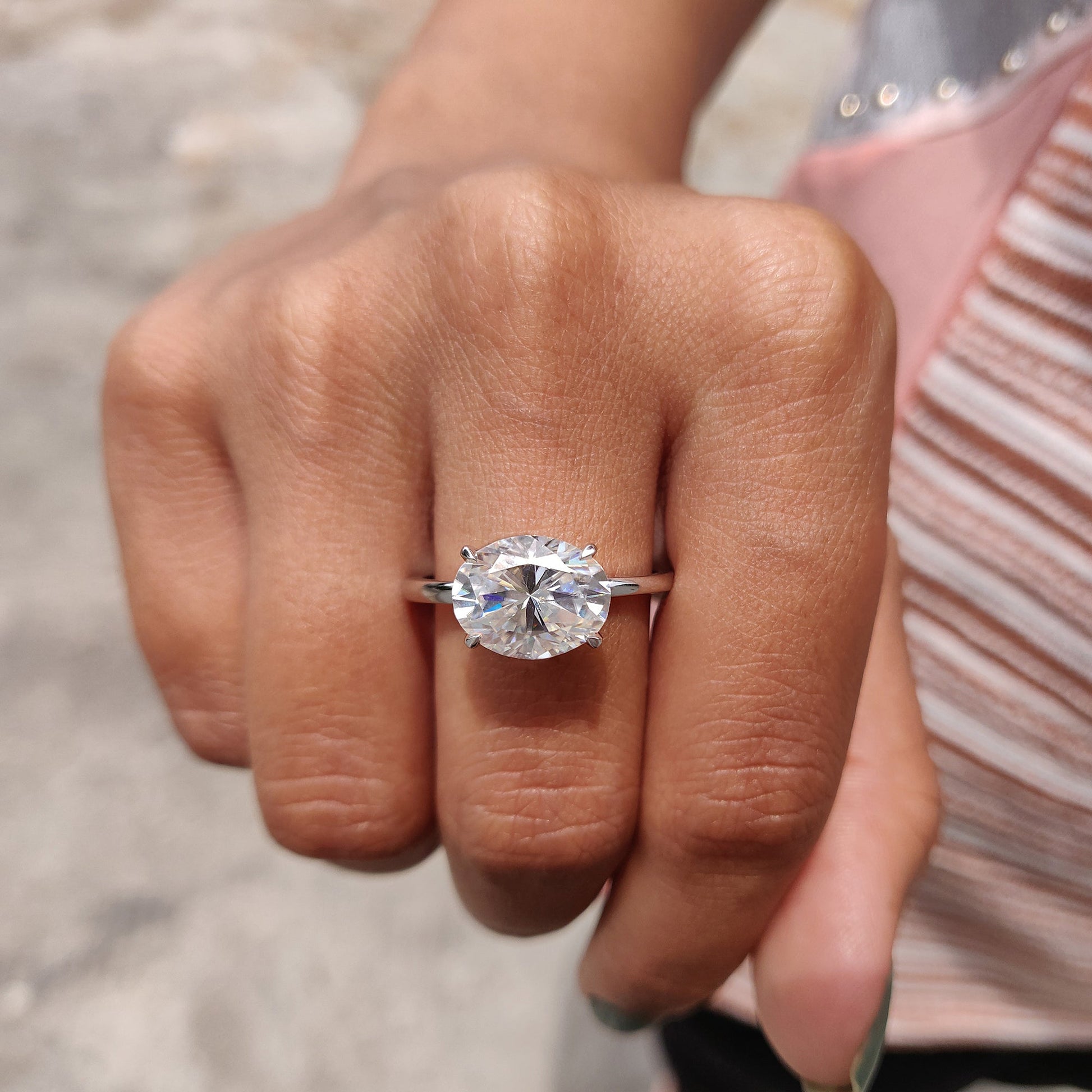 2CT East West Oval Solitaire Moissanite Engagement Ring