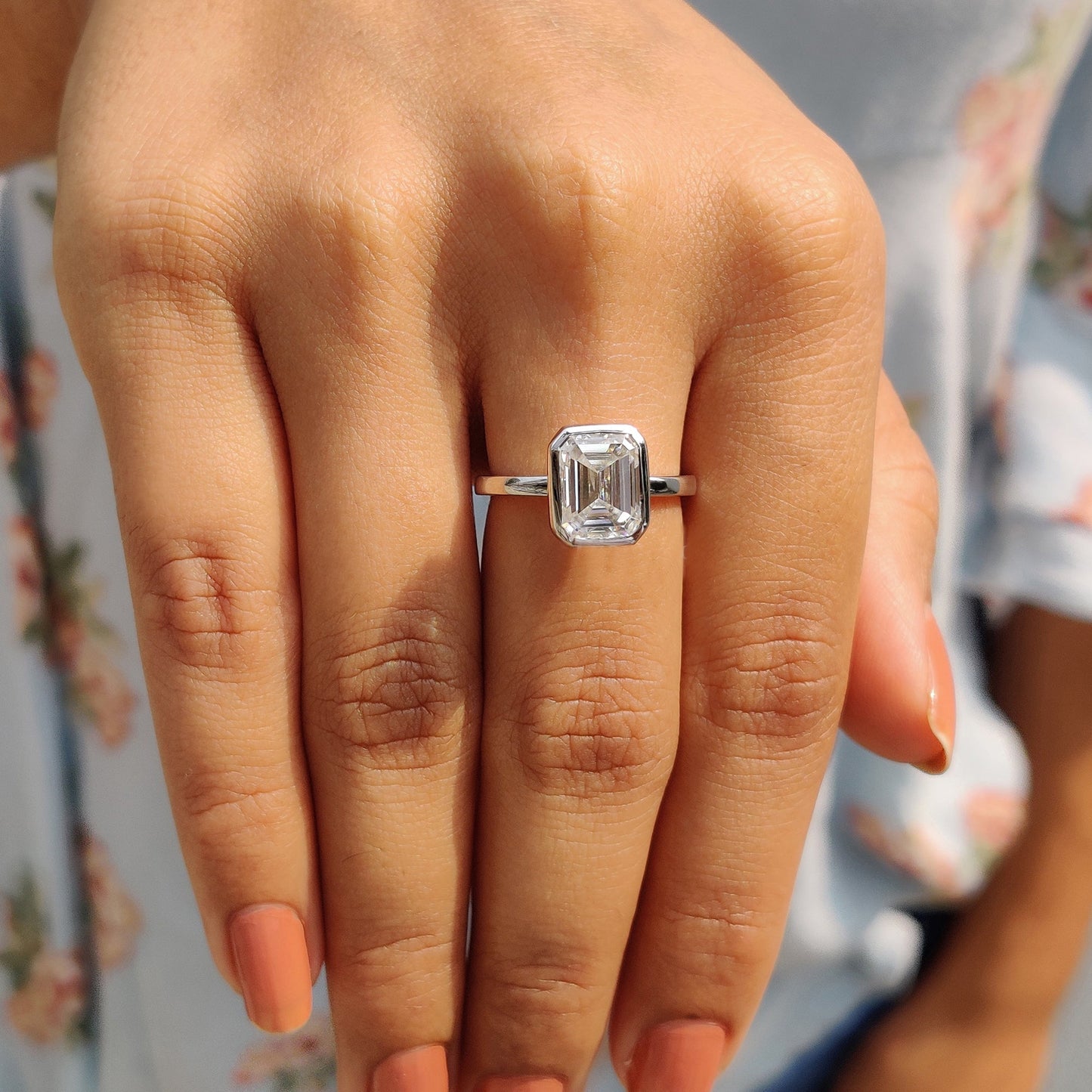 2 CT Emerald Bezel Moissanite Engagement Ring