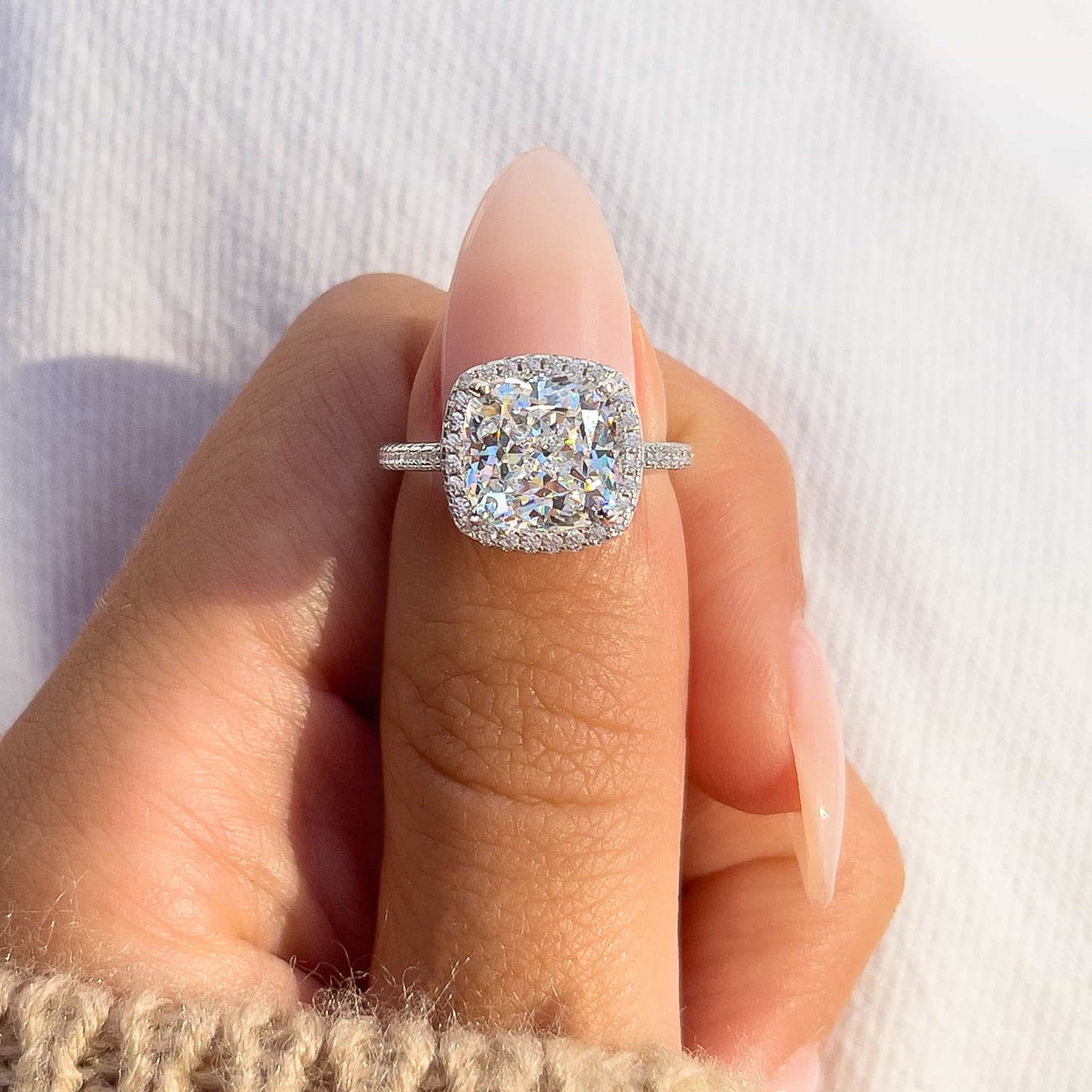 3 CT Cushion Halo & Pave Moissanite Engagement Ring