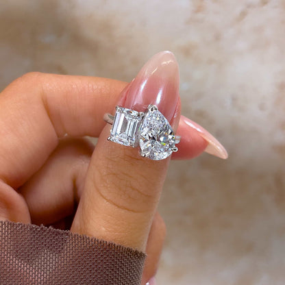 2 CT Emerald & Pear Toi Et Moi Moissanite Engagement Ring
