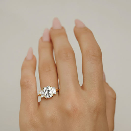 1.75 CT Emerald Three Stone Moissanite Engagement Ring