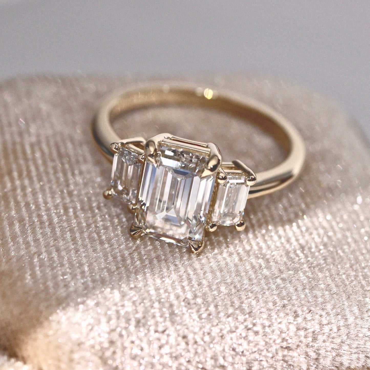 1.75 CT Emerald Three Stone Moissanite Engagement Ring