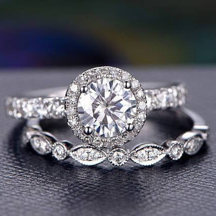 1 CT Round Halo & Pave Moissanite Bridal Set