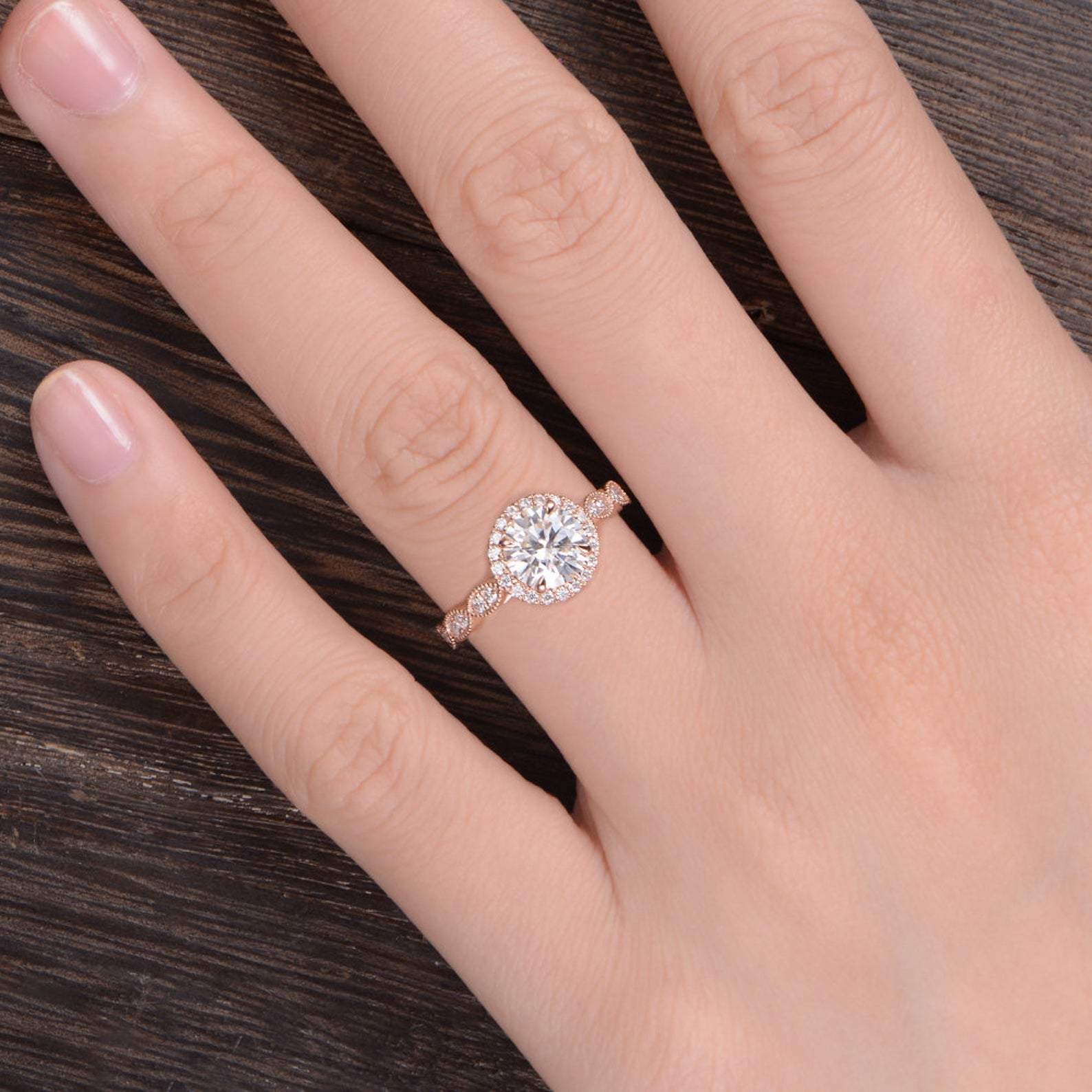 1.60 CT Round Cut Halo Milgrain Style Moissanite Engagement Ring 2