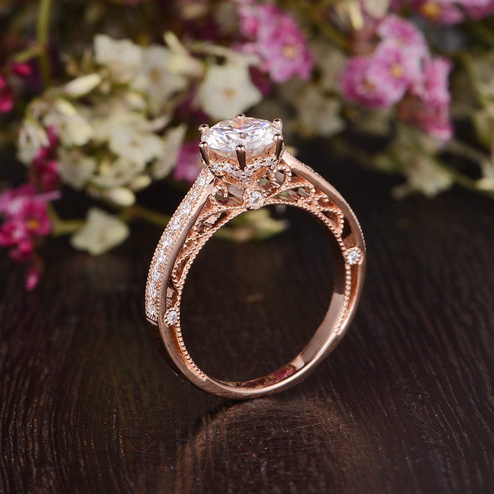 1.35 CT Round Pave Moissanite Engagement Ring