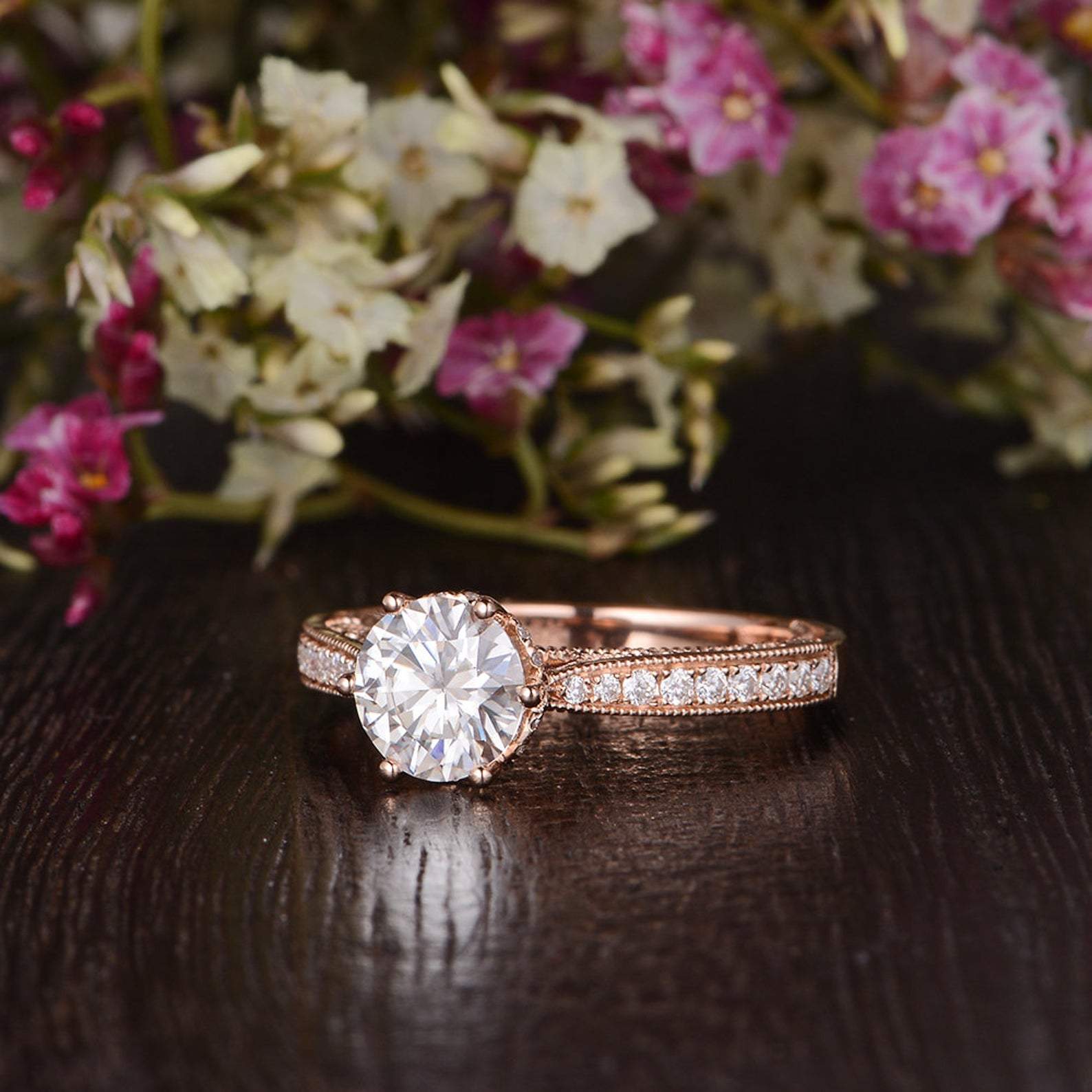 1.35 CT Round Pave Moissanite Engagement Ring