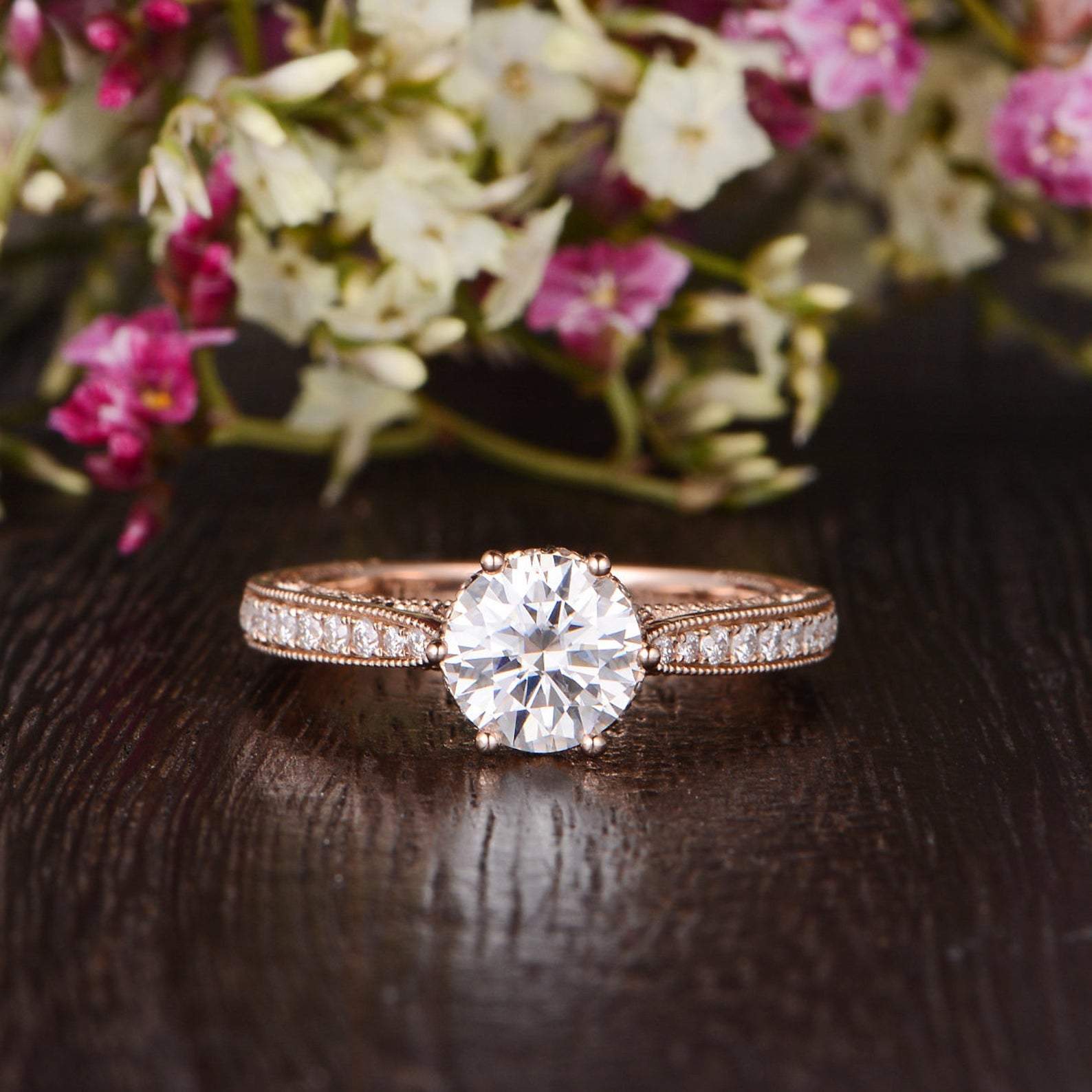 1.35 CT Round Pave Moissanite Engagement Ring