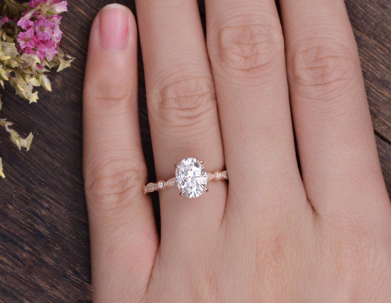 0.75 CT Oval Milgrain Pave Setting Moissanite Engagement Ring 2