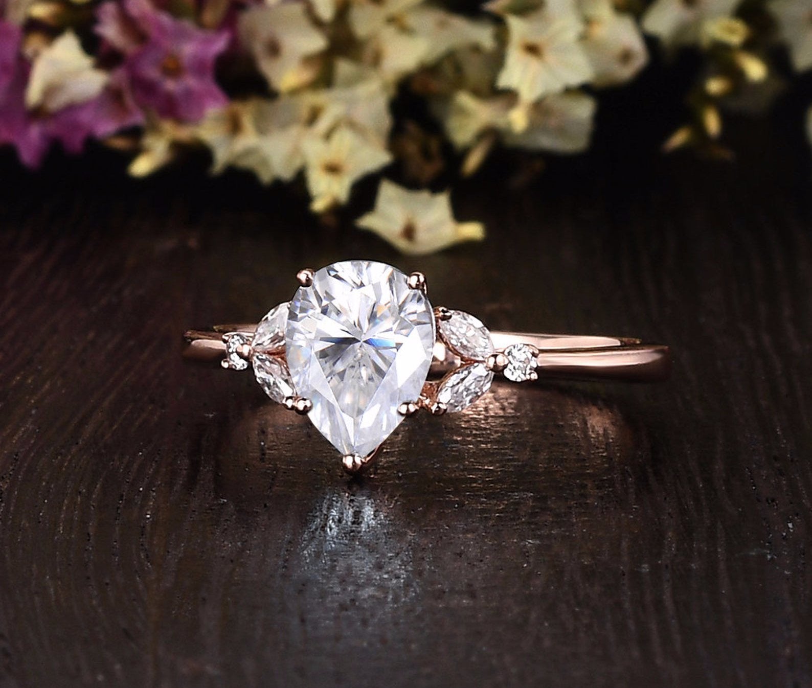 0.75 CT Pear Cluster Moissanite Engagement Ring 3