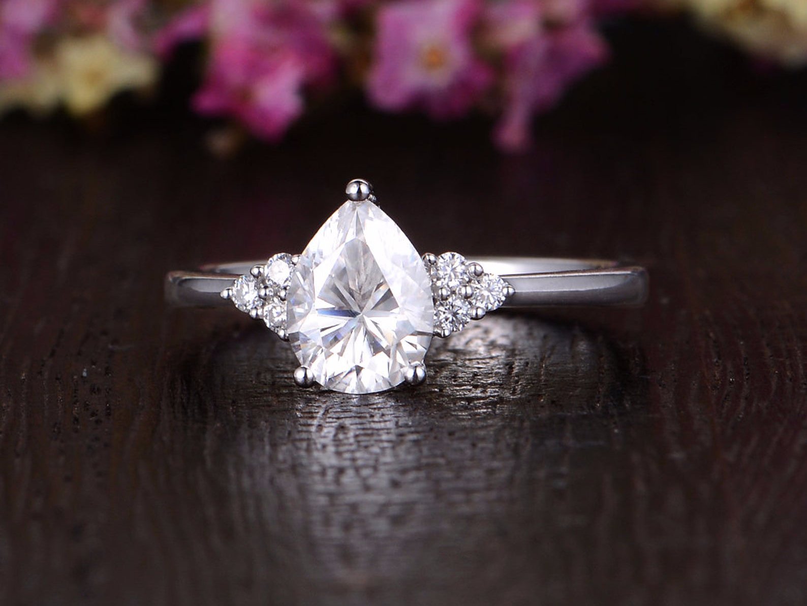 0.75 CT Pear Cluster Moissanite Engagement Ring 5