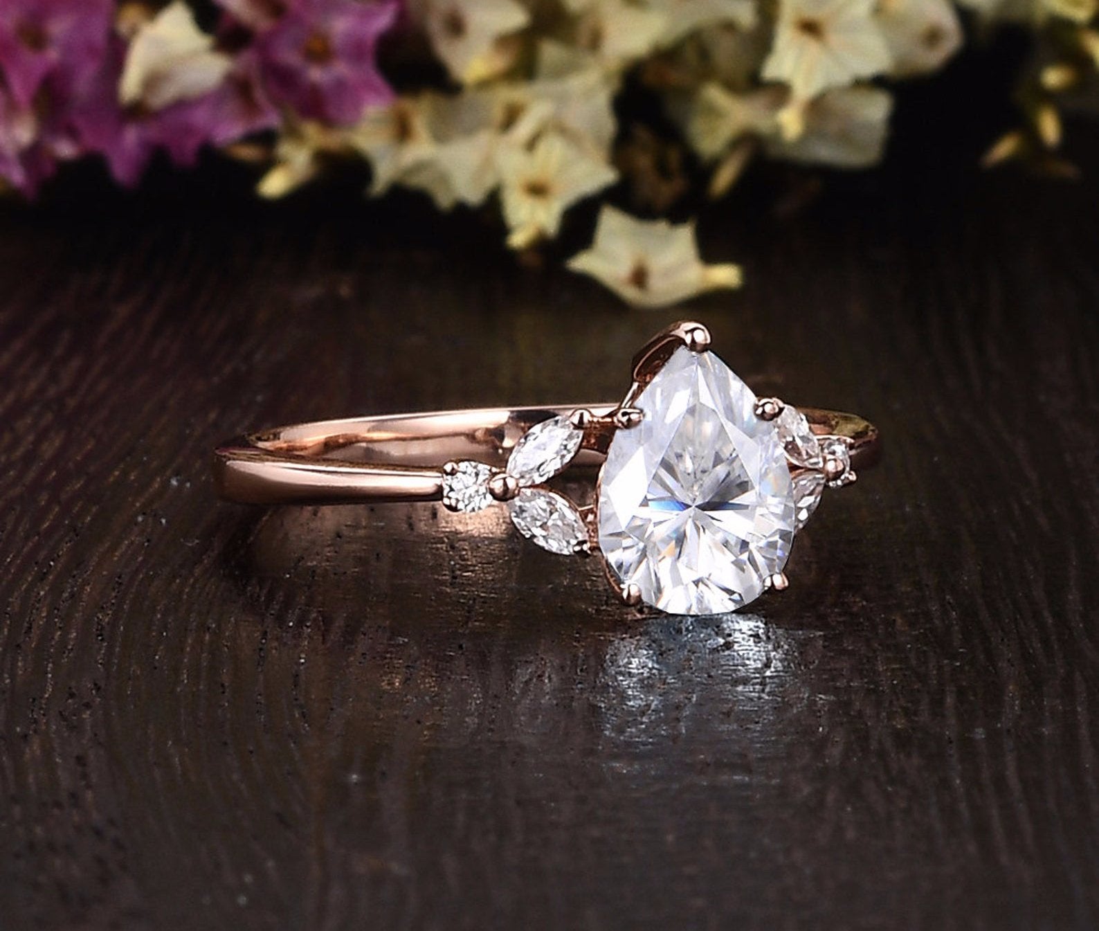 0.75 CT Pear Cluster Moissanite Engagement Ring 6