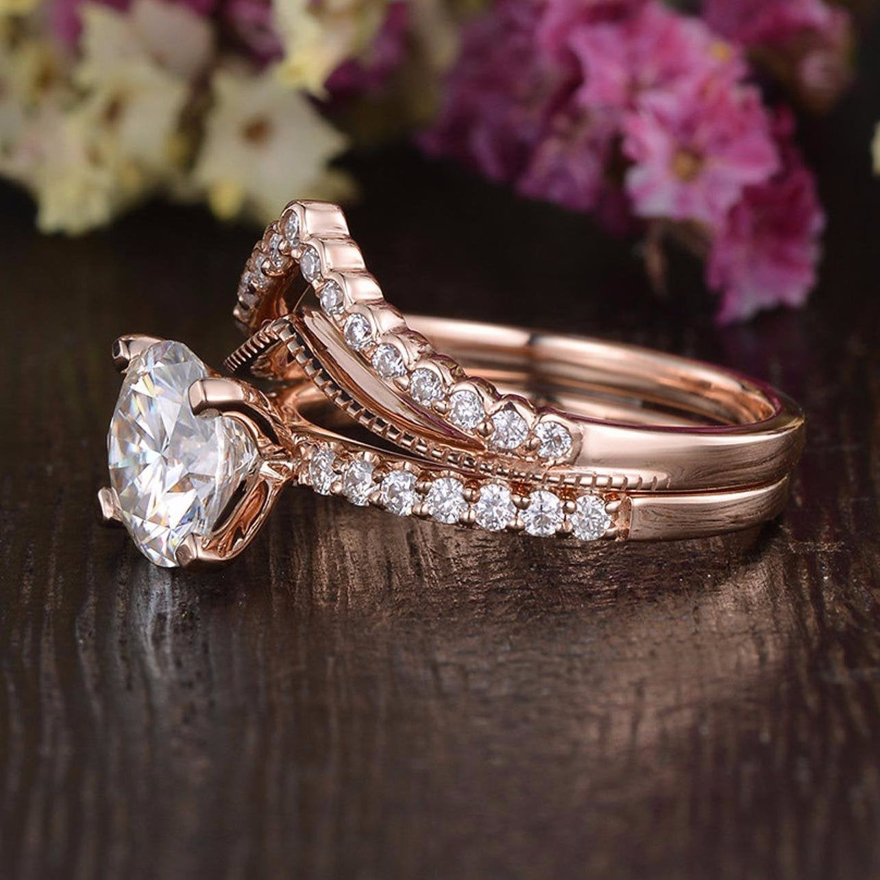 1 CT Round Pave Moissanite Bridal Set