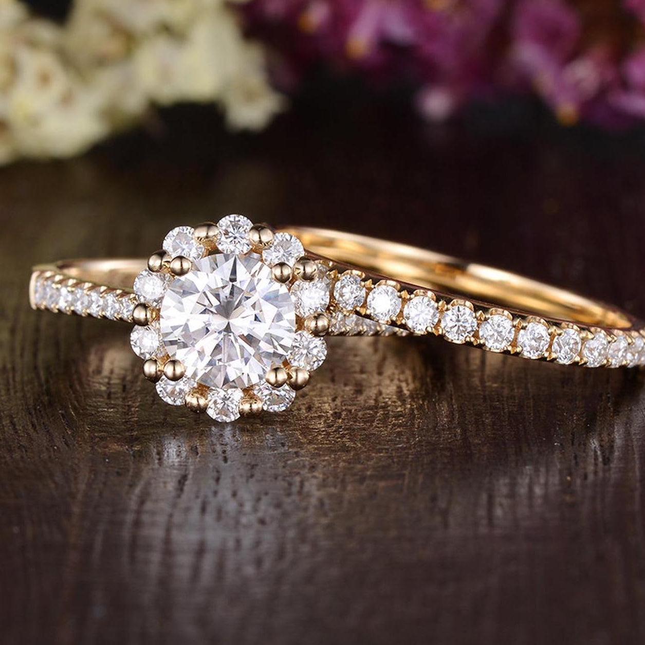 0.75 CT Round Cluster & Pave Moissanite Bridal Set