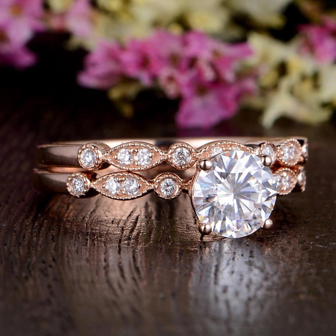 0.75 CT Round Milgrain Moissanite Bridal Set