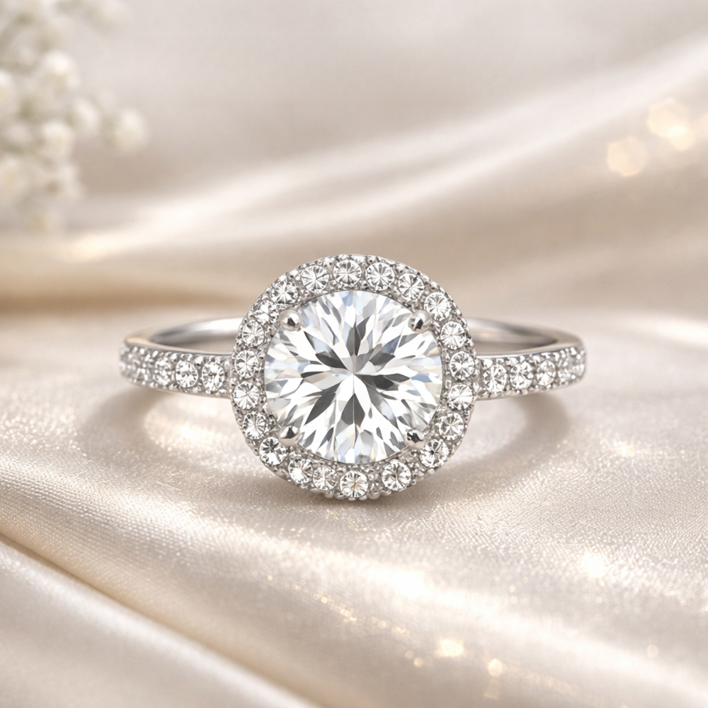 1 CT Round Pave & Halo Moissanite Engagement Ring