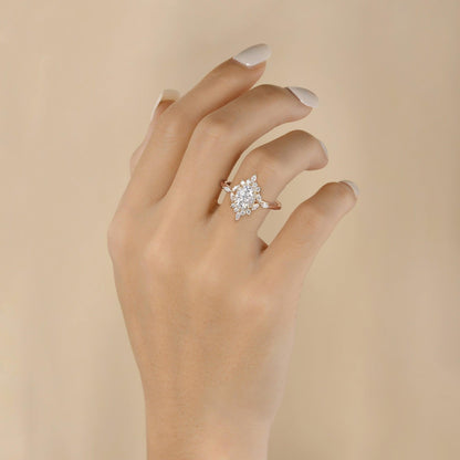 0.94 CT Oval Cut Cluster Vintage Moissanite Engagement Ring 9