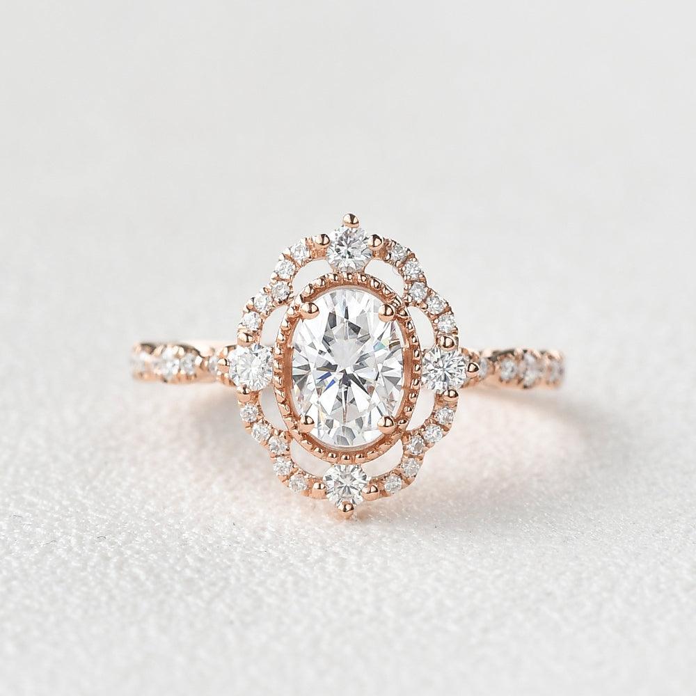 1.33 CT Oval Cut Art Deco Pave Moissanite Engagement Ring 1