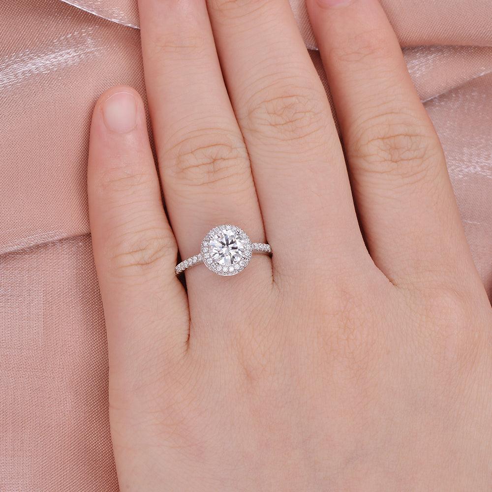 1.0 CT Round Cut Halo Pave Moissanite Engagement Ring 5