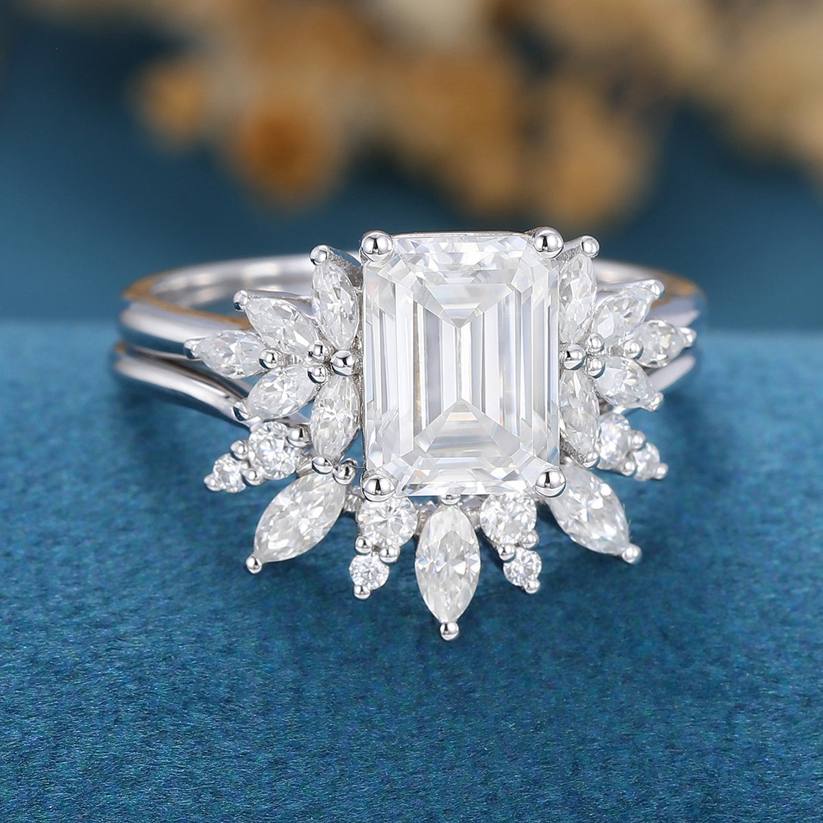 1.60 CT Emerald Shaped Moissanite Cluster Bridal Set 3
