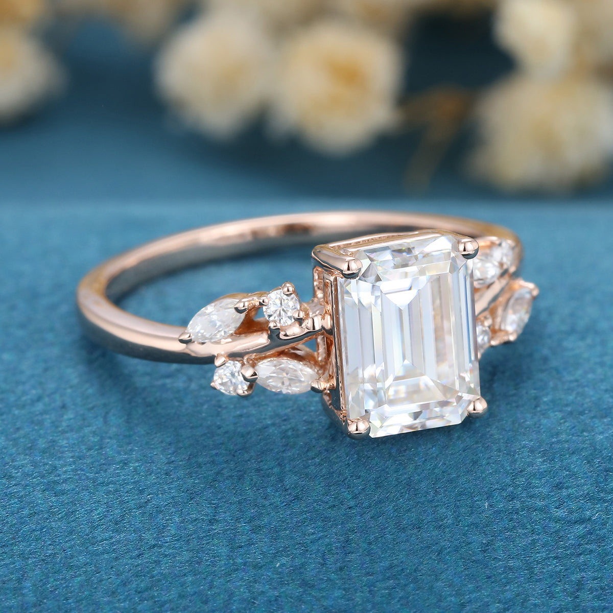 1.60 CT Emerald Shaped Moissanite Cluster Engagement Ring 3