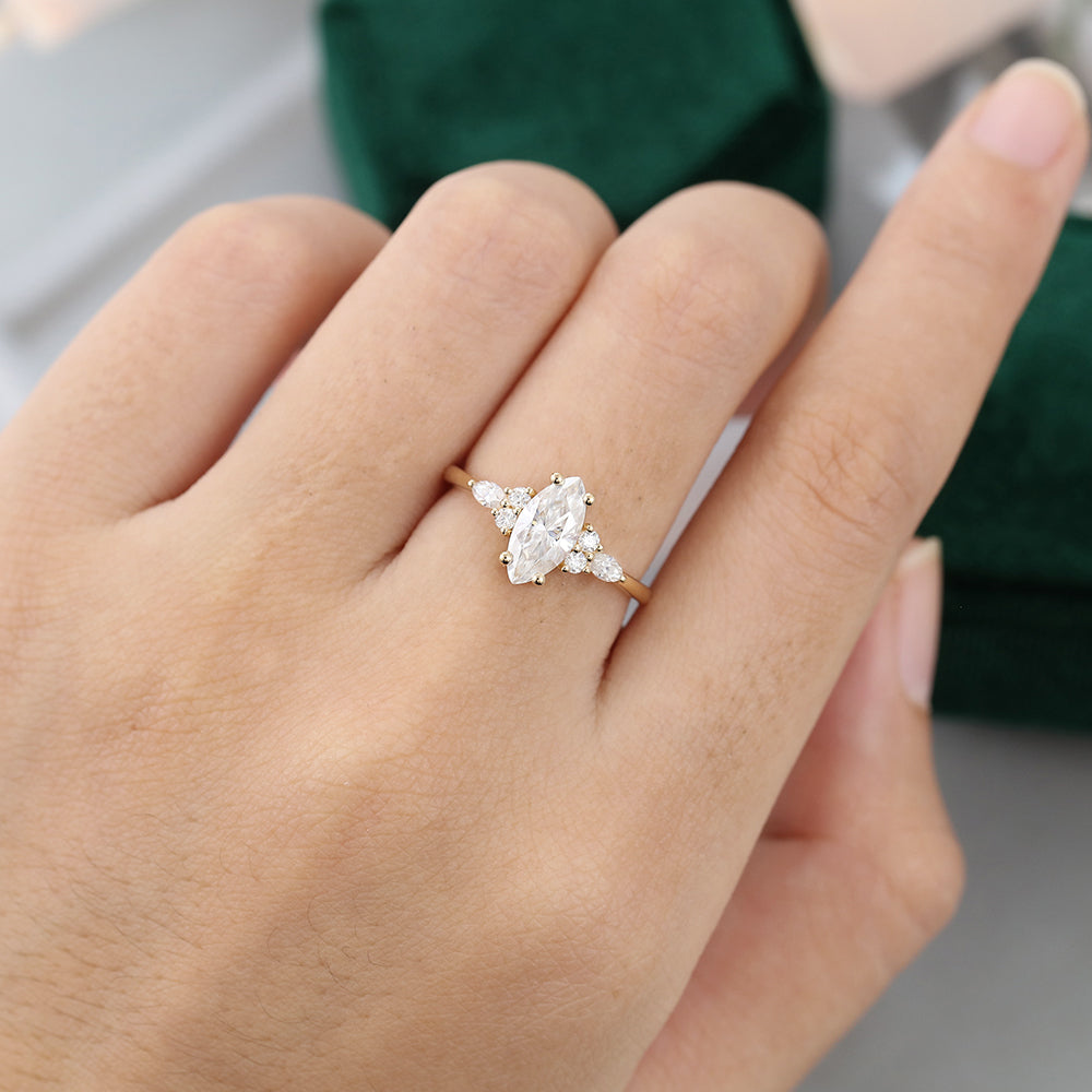 1.0 CT Marquise Shaped Moissanite Cluster Engagement Ring 2